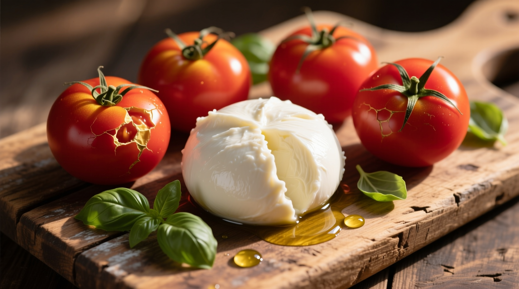 Fresh mozzarella and vine-ripened tomatoes on wooden board