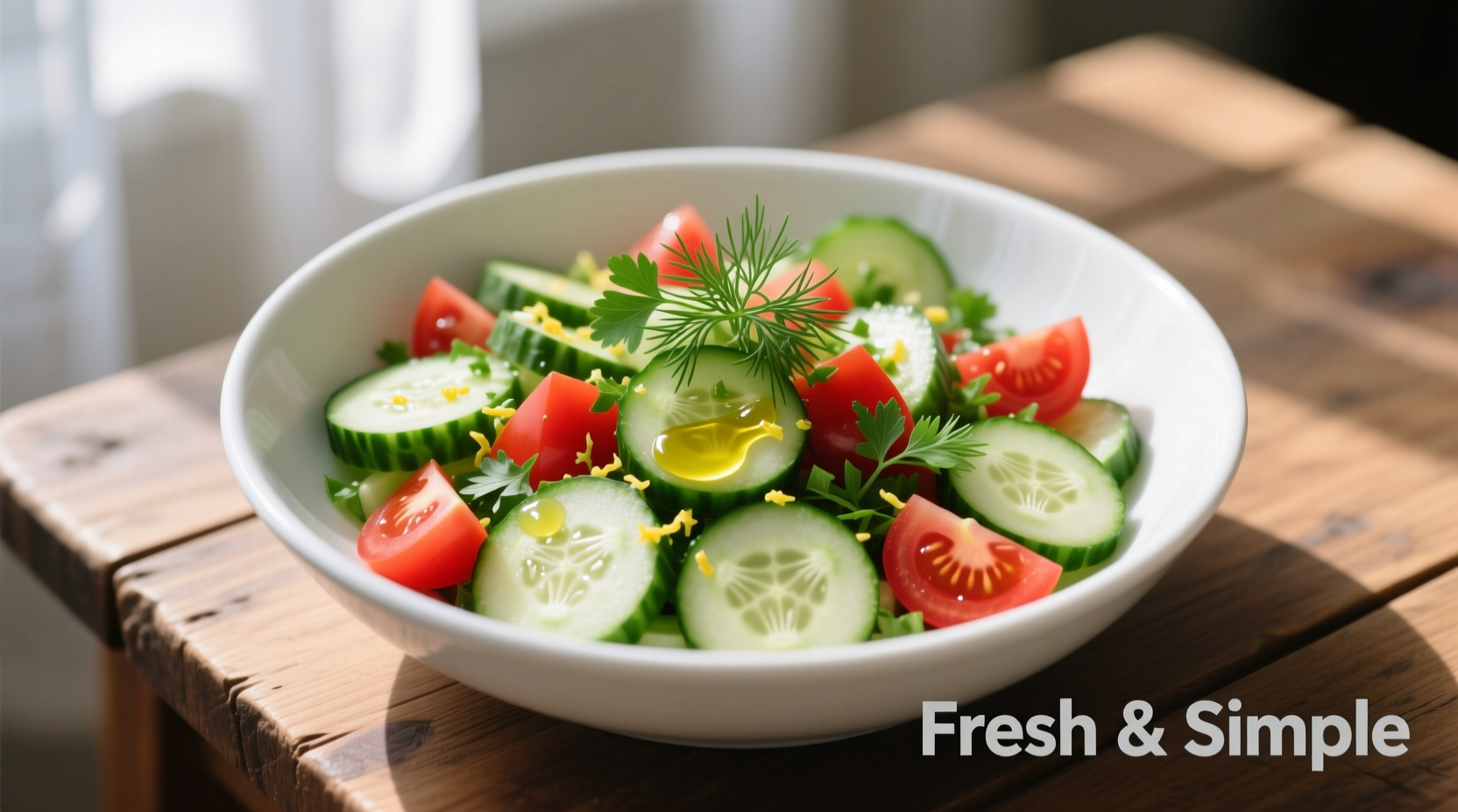 Fresh cucumber tomato salad in white bowl with herbs