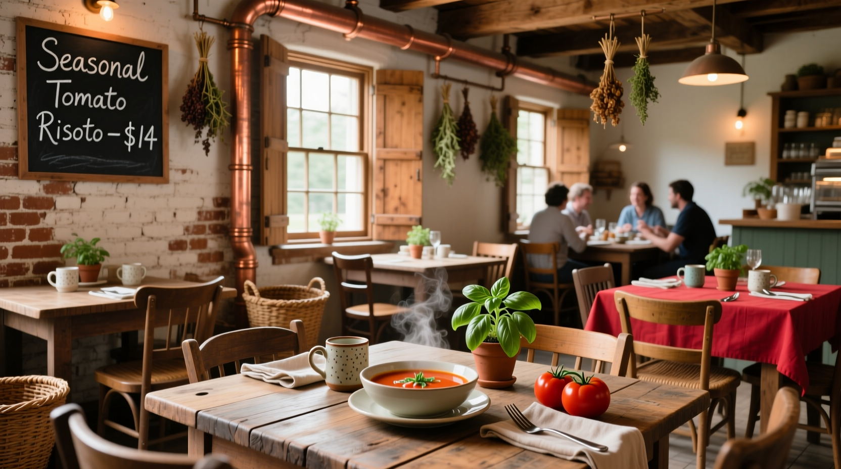Tomato Cafe interior with rustic decor and dining tables