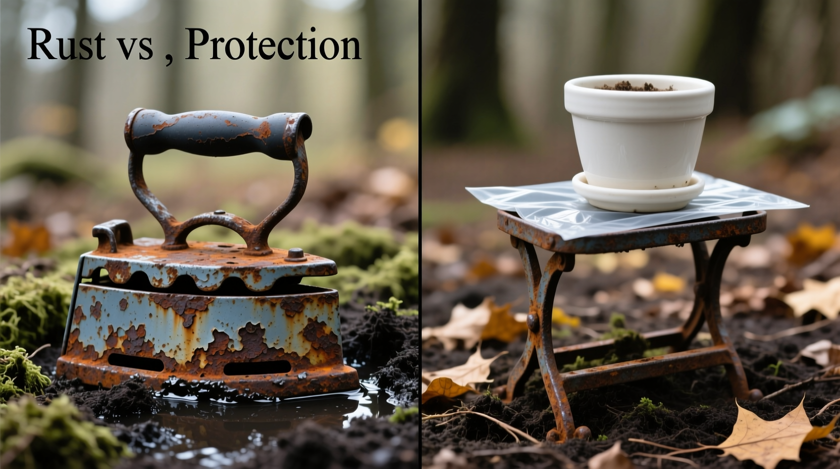 Side-by-side comparison showing an unlined vintage iron stand with visible rust bleeding into moist peat-based soil versus the same stand with a raised ceramic pot and HDPE liner preventing any soil-to-metal contact