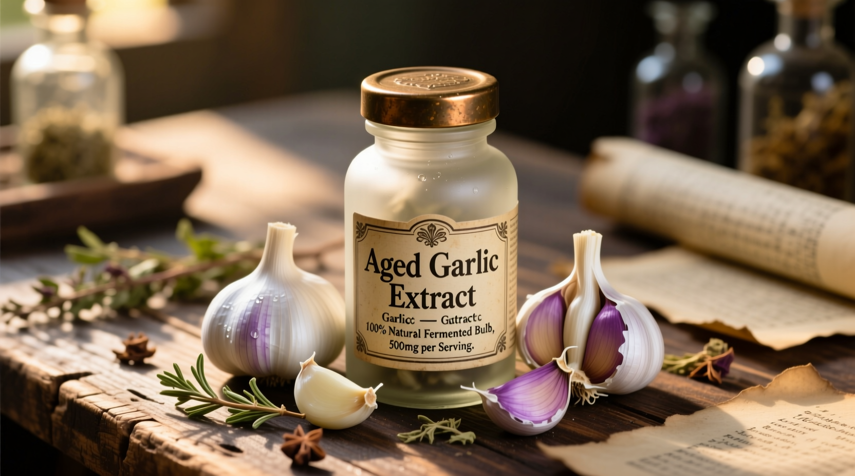 Aged garlic extract supplement bottle with fresh garlic cloves