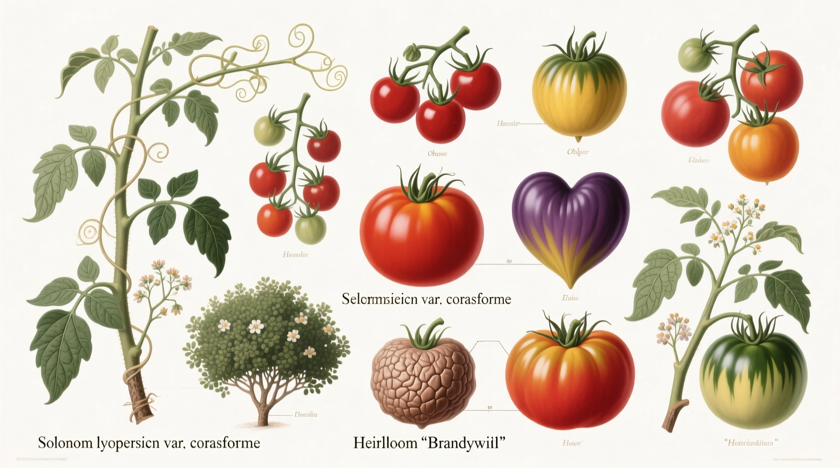 Various tomato plant types showing growth habits and fruit characteristics