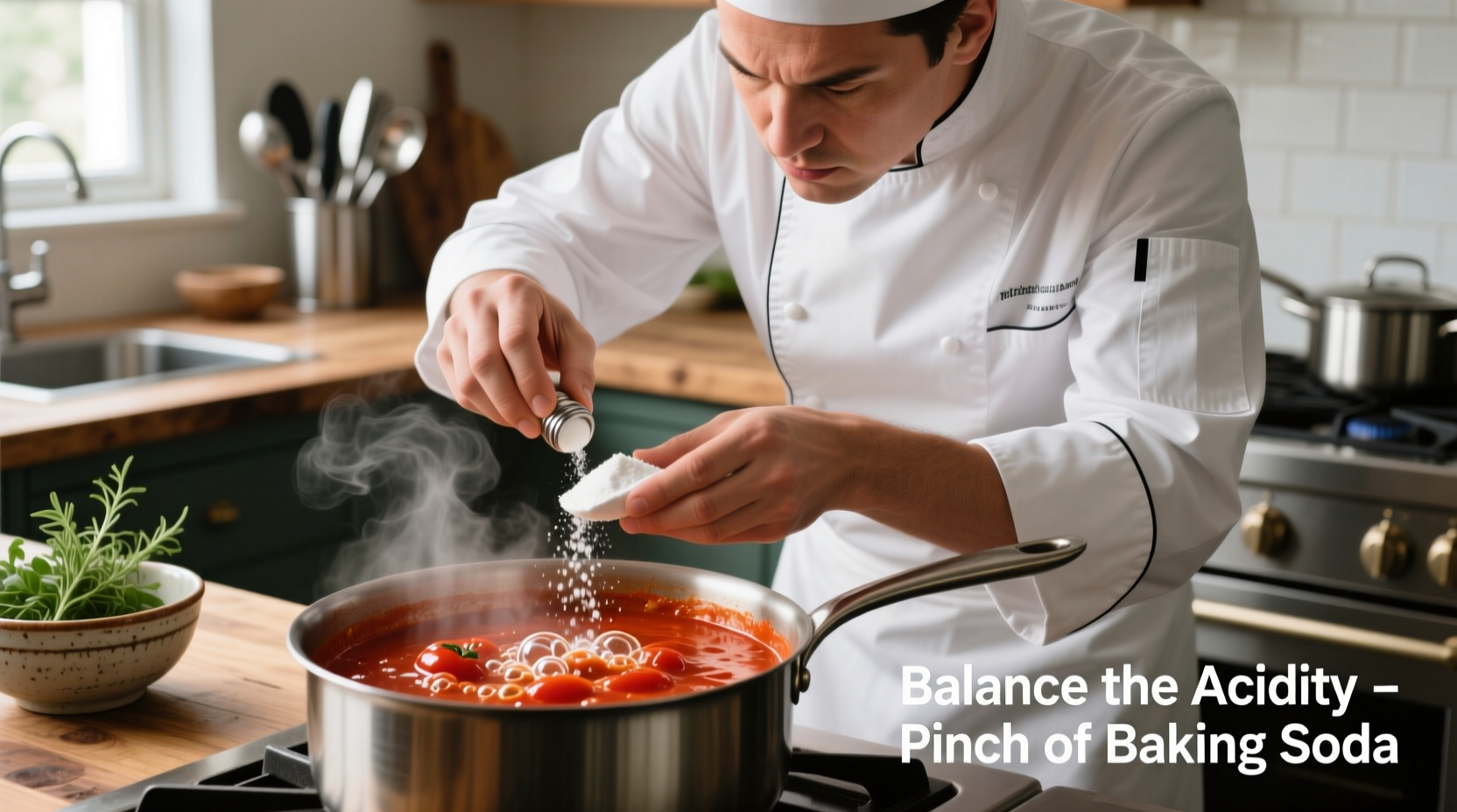 Chef adjusting tomato sauce acidity with baking soda