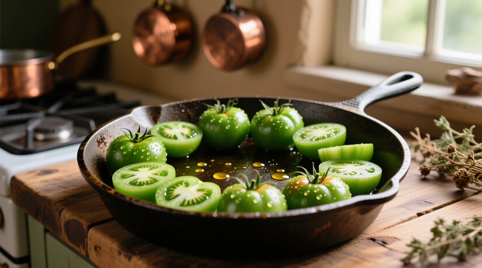 Sliced green tomatoes ready for frying in cast iron skillet