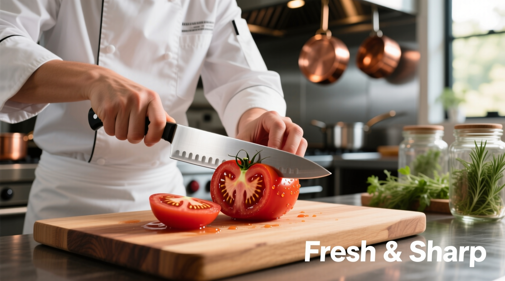 Professional chef slicing ripe beefsteak tomatoes