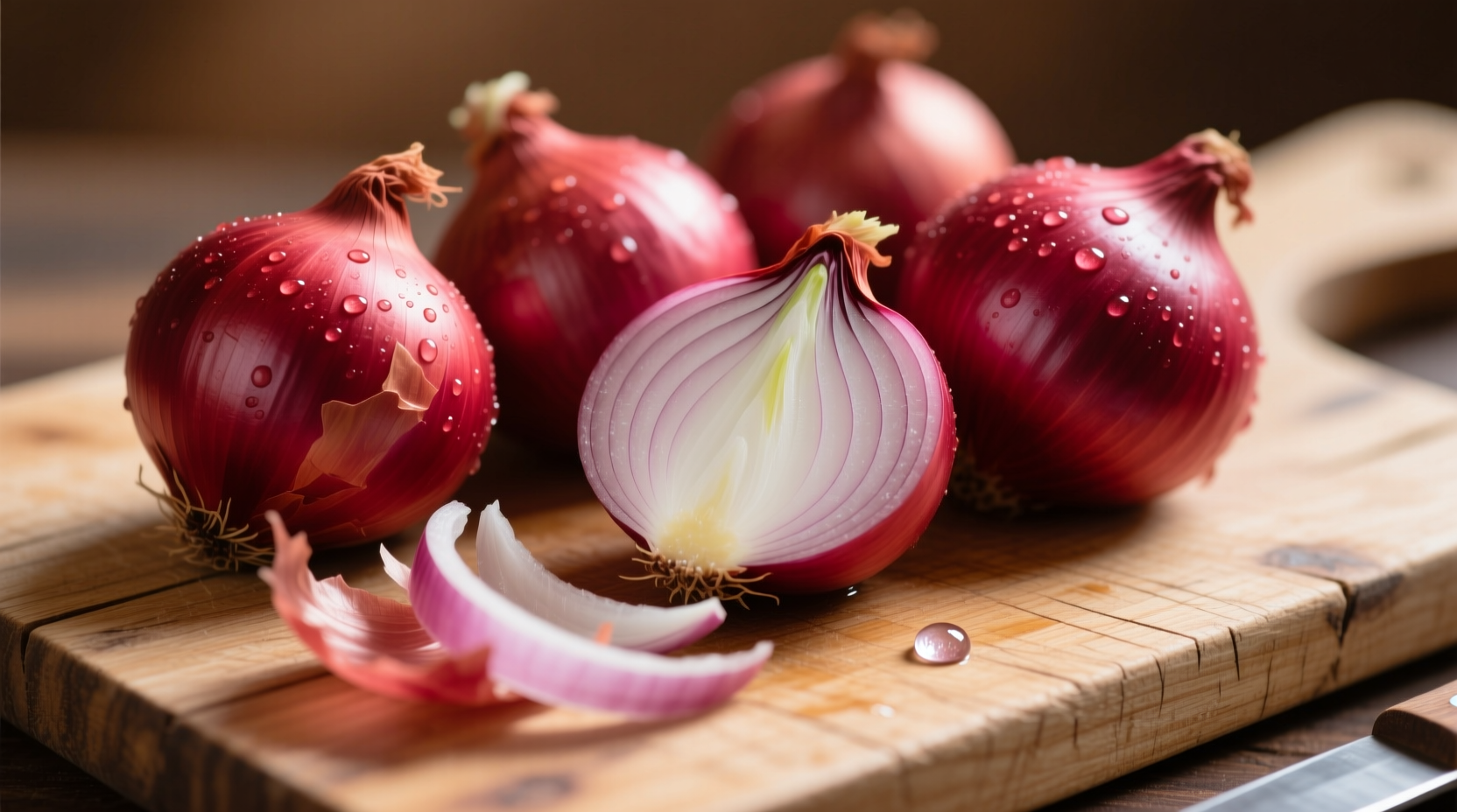 Fresh red onions arranged on wooden cutting board