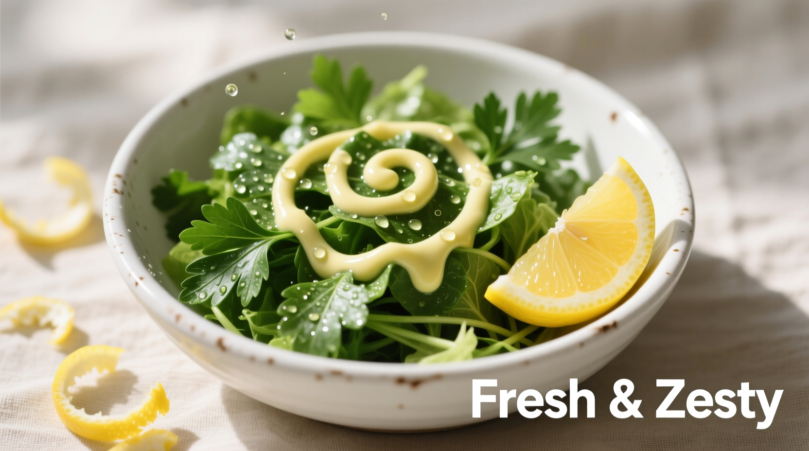 Fresh parsley salad with lemon dressing in white bowl