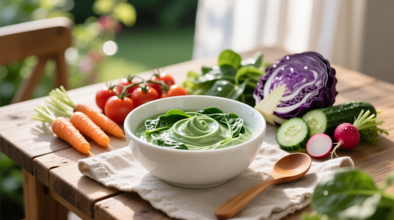 Homemade spinach cream cheese in white bowl with fresh vegetables