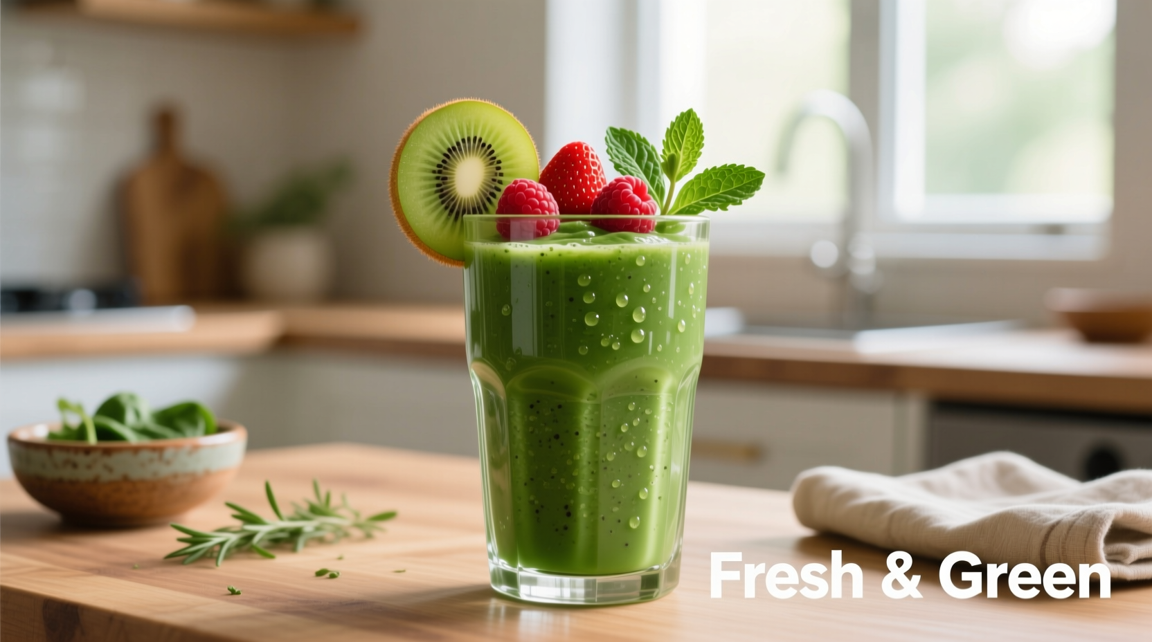 Vibrant green spinach smoothie in glass with fresh fruit garnish
