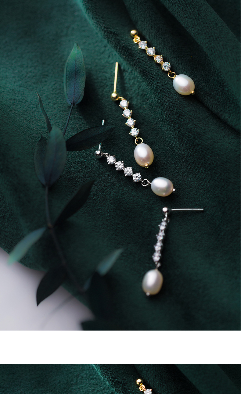 金色时尚925纯银锆石珍珠耳钉妇女长期珠宝