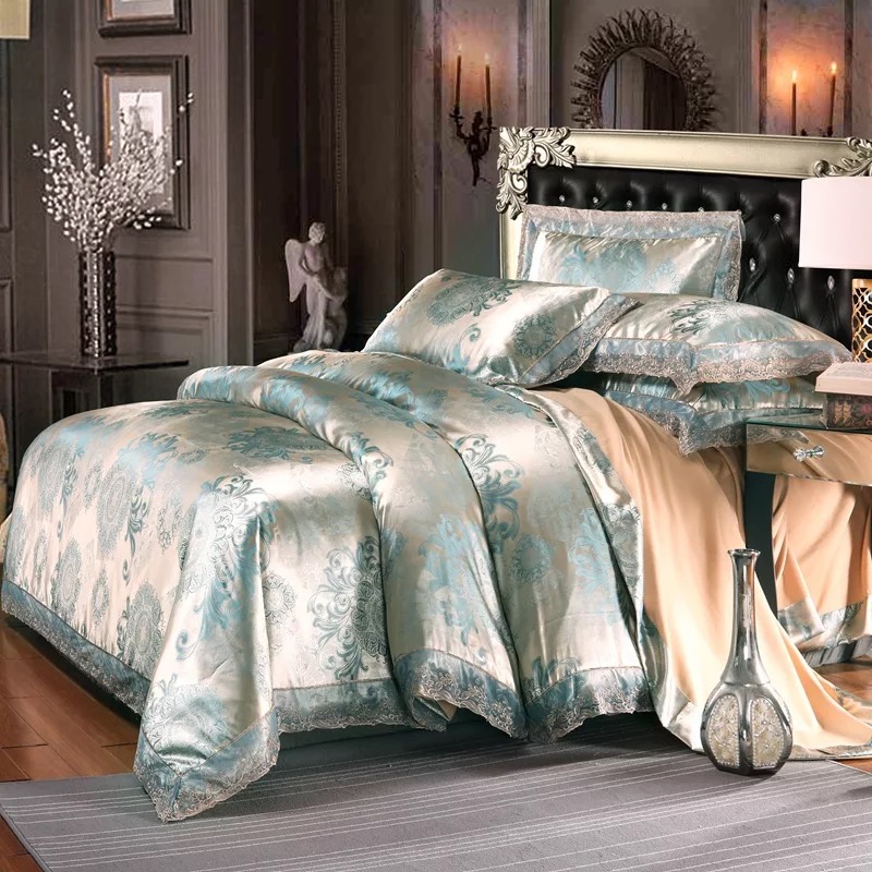 Delicate Floral Pattern Bedding Sets, 4 Pcs Sateen European Luxury Jacquard Comforter Sets, Duvet Cover Flat Sheet and pillows