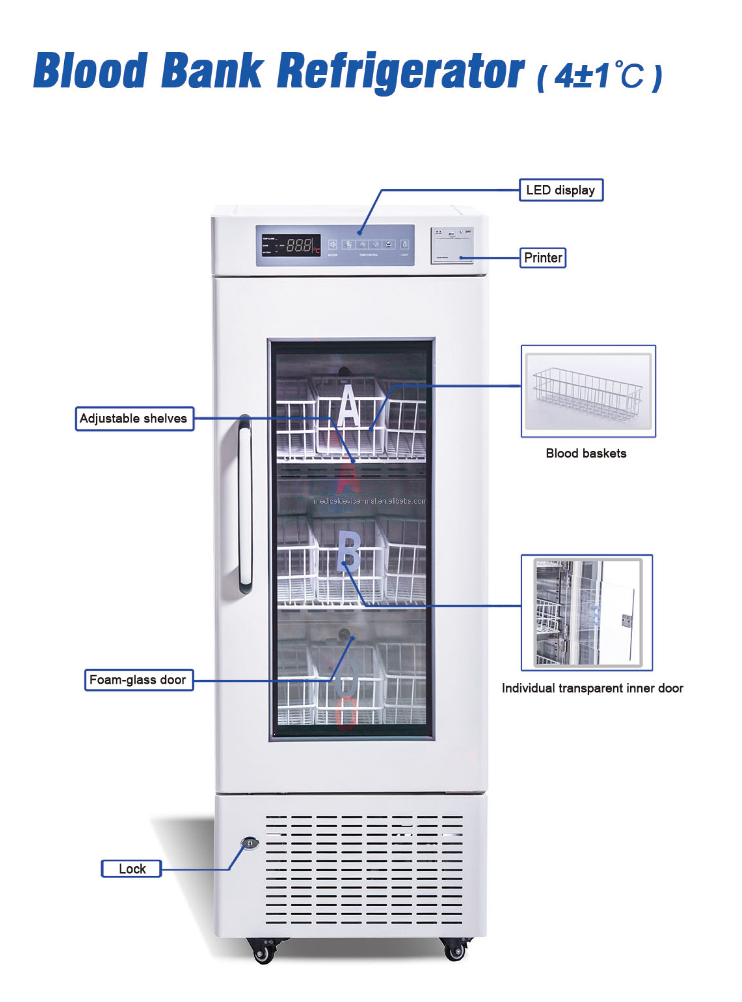 Refrigerador de banco de sangre con pantalla LED de gran tamaño / Congelador de sangre con control de microprocesador B.S.D.XYL01
