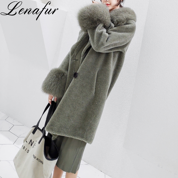 Winter Beige Cream Green Brown Soft Sheep Shearling Jacket Overcoat,Fox Fur Collar Mongolian Lamb Shearling Coat For Women