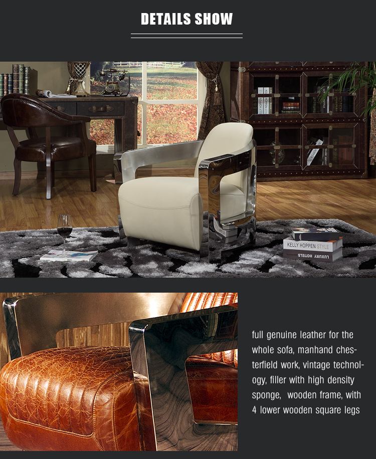 customized coffee shop sofa stainless steel top grain leather modern classic furniture sofa chair love seat