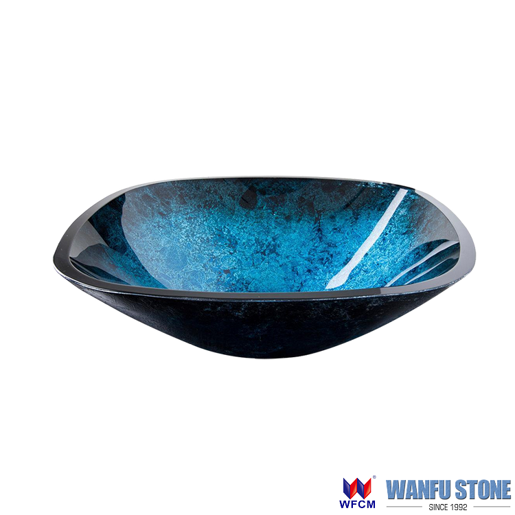 Rectangular Blue Glass Bathroom Sink Bowl Face Wash Basin