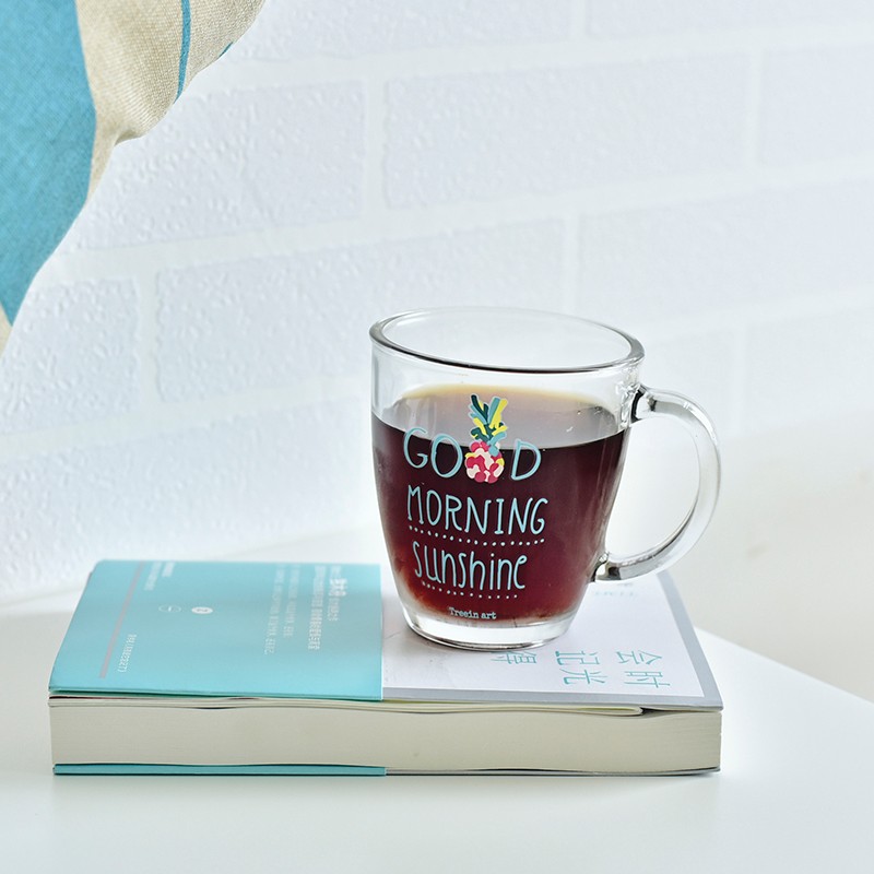 Decoration 13oz glass tea cups with handle flower printing glass  mug