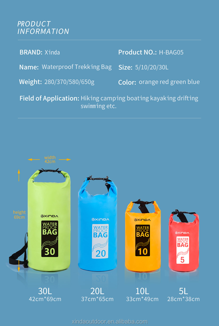 XINDA 5L10L 20L 30L waterproof bag swimming camping beach boating kayaking river trekking drifting dry bag