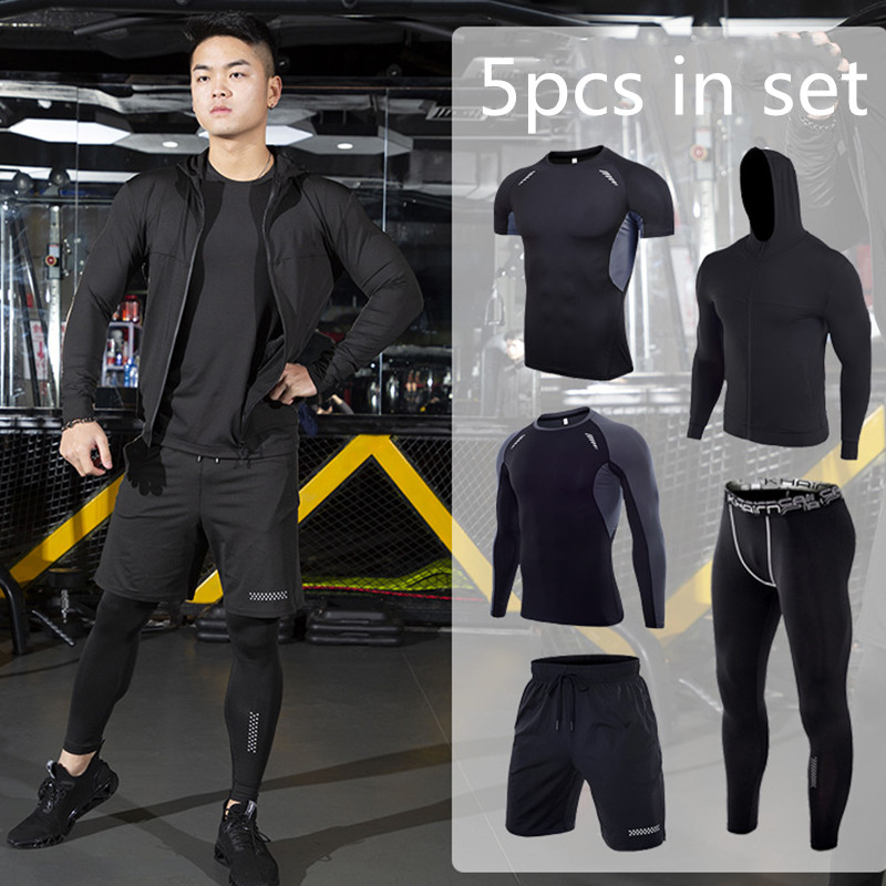5 piece in set men quick dry training wear set gym clothes running suits breathable running  wear sport suit for man