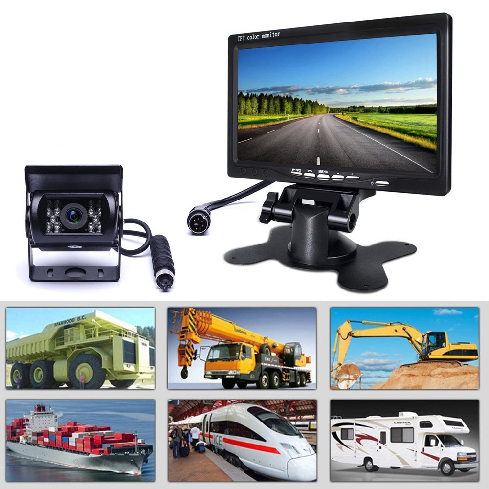 Podofo Car Reversing Aid 4 Pin Rear View Camera 18 IR Night Vision 7" Car Monitor + 10M Video Cable For RV Truck Bus Van