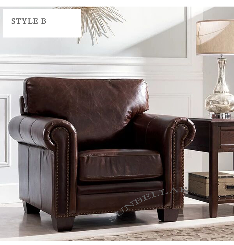 luxury home furniture America vintage tan leather sofa roll arm single seat armchair antique genuine leather sofa