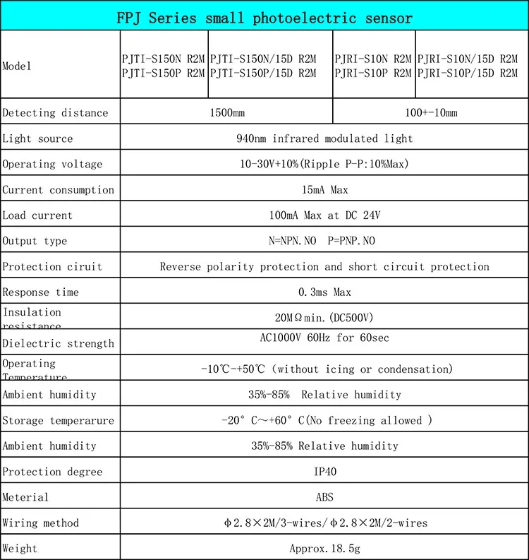 PJRI Infrared Sensor Diffuse type compact size, 10cm sensing range DC 12-24, NPN PNP 150mm cable with M8 connector