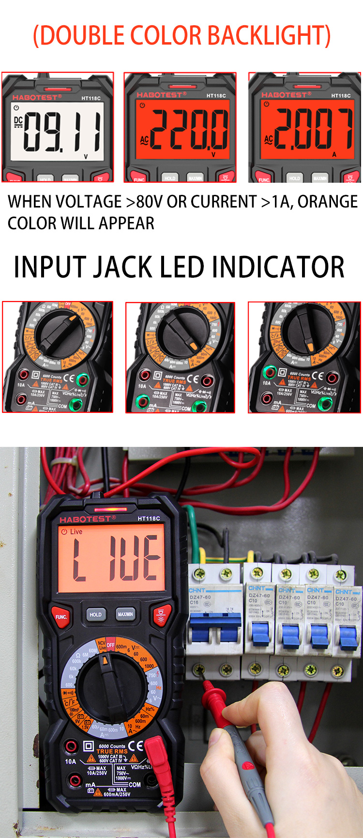 High Precision HABOTEST HT118C Capacitance Resistance Current Voltage T-RMS Digital Multimeter