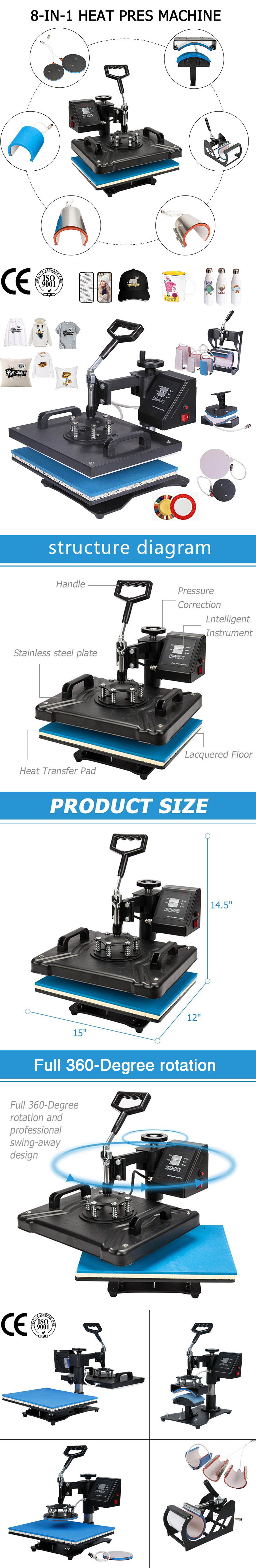 Double Display Advanced New 8 In 1 Combo Heat Transfer Machine Sublimation Heat Press Machine For Mug/Hat/Tshirt/Slate Rock/MDF