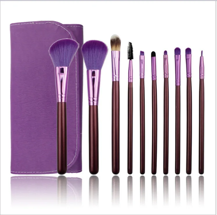 Private Label Customized logo wood handle 10pcs purple travel makeup brush set with bag