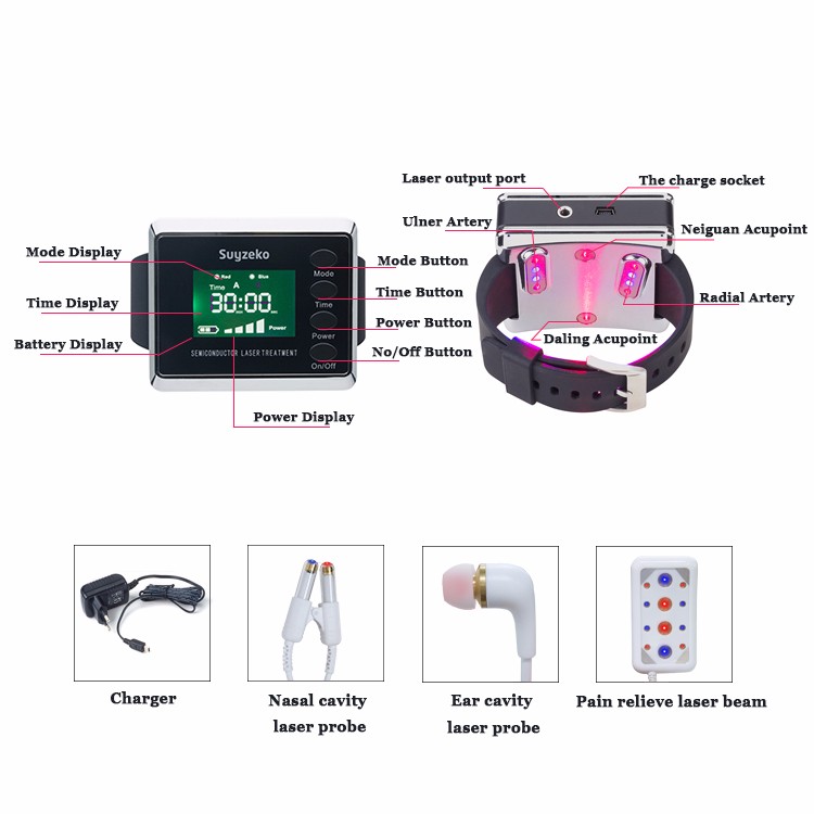 Elderly Health Care Physical Therapy Equipments Digital Wrist Cold Laser Therapy Watch for High Blood Pressure and Rhinitis