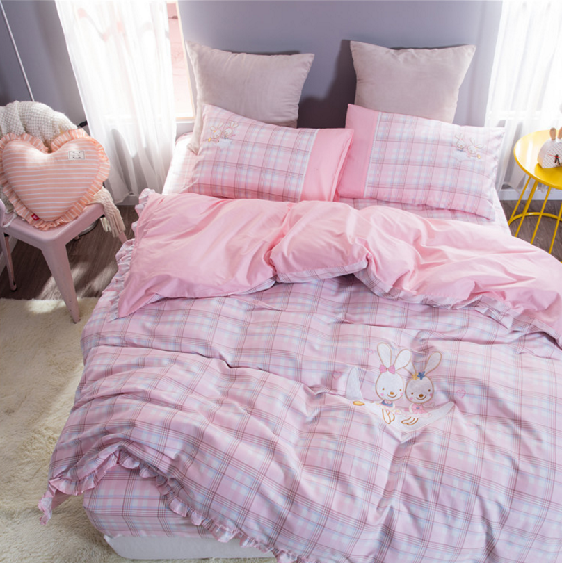Cute Bear Cartoon Twin Bedding Duvet Cover Sets,  Cotton 100 Percent for baby Toddler Teen Pink quadrille plaid designs