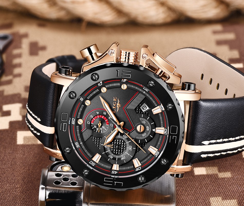 Casotime Orologio Cronografo Uomo In Pelle – Quarzo Analogico Con Data, Quadrante 45mm, Impermeabile 30m, Blu