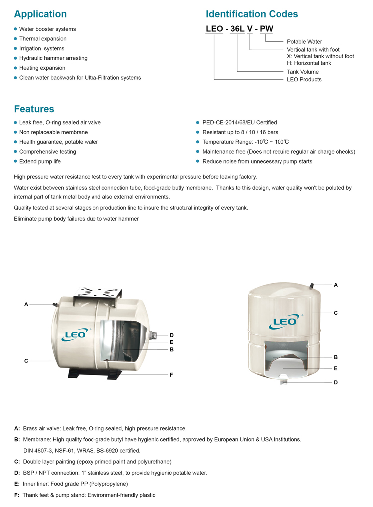 LEO 100L 150L Horizontal Pressure Expansion Vessel for Water