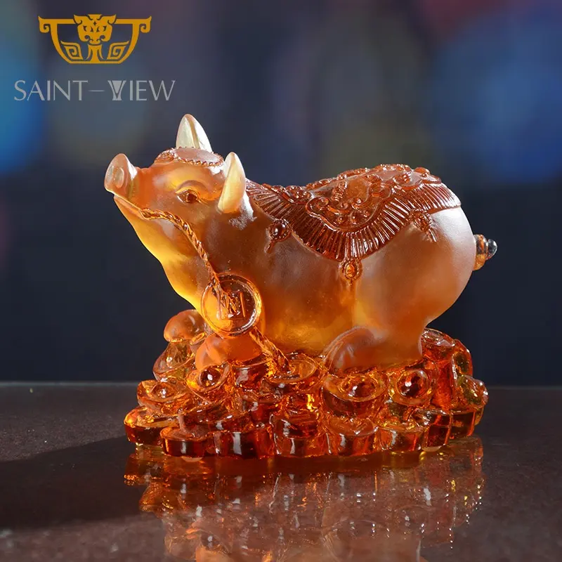 Chinese Crystal Luxury New Year Pig Liuli Good Fortune Feng Shui Decor Ornament Statue