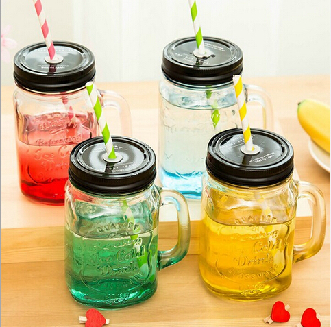 Mason Glass Drinking Jars Cocktail Glass Mugs Handle Tin Lid Straws Set