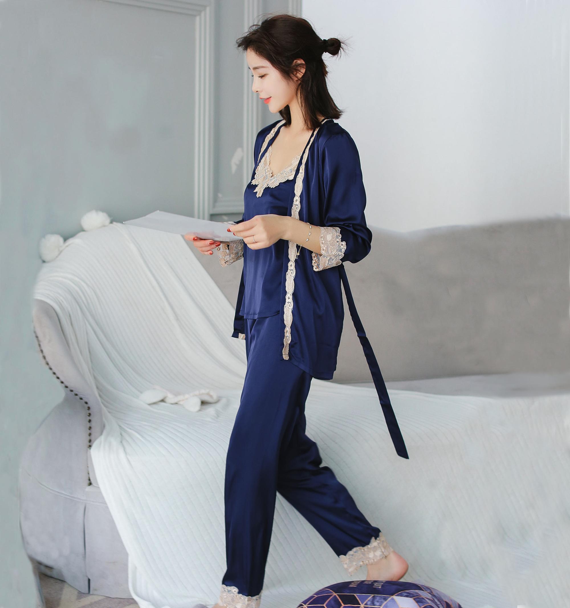 女式性感睡衣女士柔软真丝绸缎睡衣套装蕾丝吊带背心3件套装上衣长款