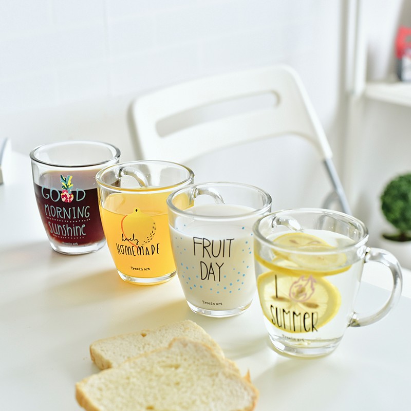 Decoration 13oz glass tea cups with handle flower printing glass  mug