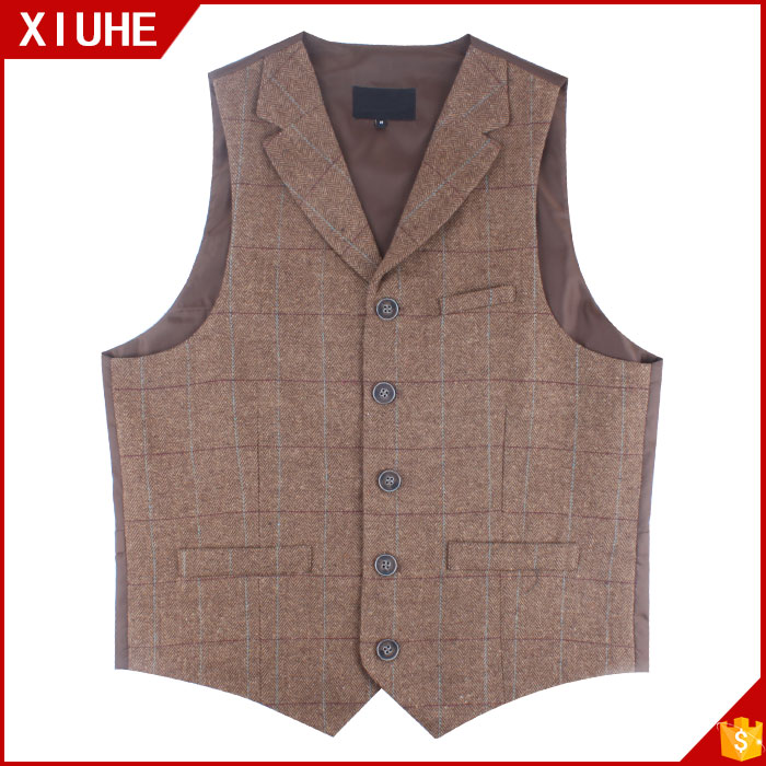 Wholesale Custom Tweed Cheap Wool Waistcoat Men Plaid Formal Suit Vest Cotton Vest Waistcoat