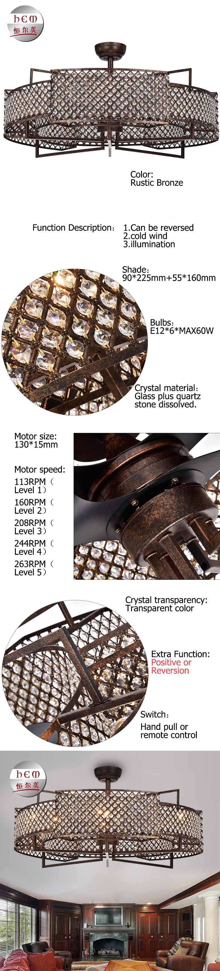 3 Blades Ceiling Fan Light Antique Remote Control Designer Crystal Ceiling Fan