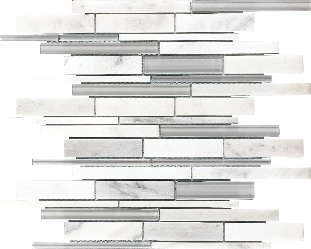 Strip cararra white marble mix super white glass wall mosaic
