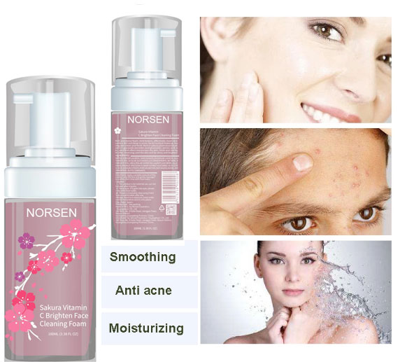 Private Label Deep Cleansing Moisturizing Sakura Vitamin C Facial Cleansing Mousse Plastic Bottle 100ml Adults Face Female