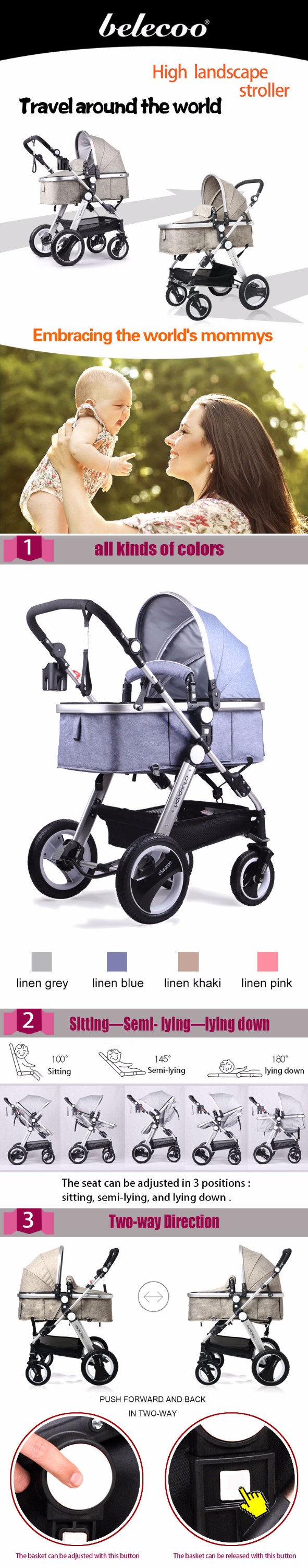 2021 Wholesale Rotate 360 Degrees Baby Stroller Folding 3 In 1 Luxury Baby Pram Stroller With Baby Carrier