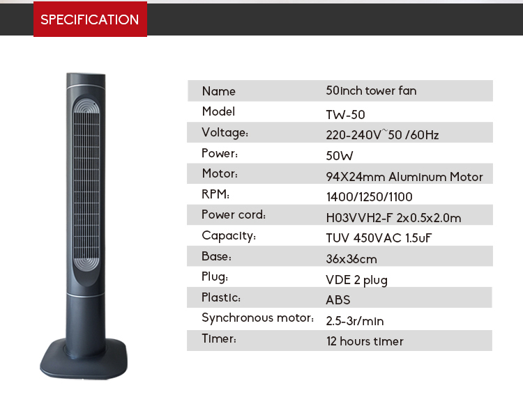 CE GS RoHs 50 Inch Fan Tower Oscillation function Fan Tower Black Color Fan Tower with Timer&Remote Control