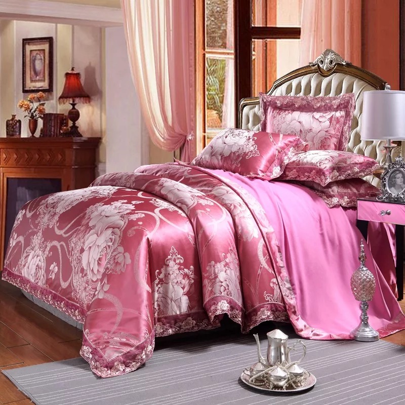 Delicate Floral Pattern Bedding Sets, 4 Pcs Sateen European Luxury Jacquard Comforter Sets, Duvet Cover Flat Sheet and pillows