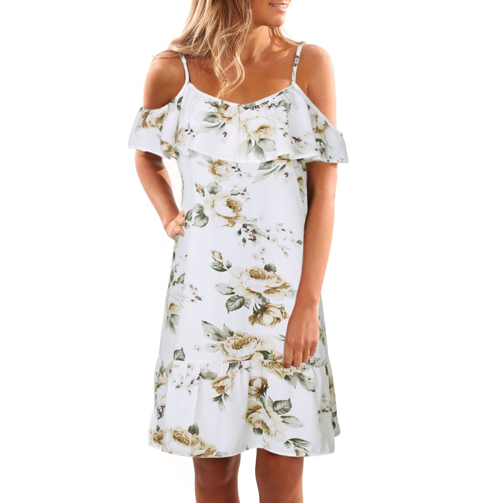 夏季女装休闲连衣裙肩带荷叶边印花 - buy dress,women dresses