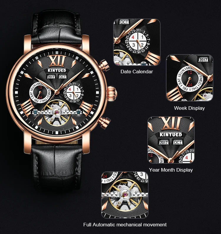 KINYUED Brand Automatic Mechanical Tourbillon Watch Wrist Glass Digital Men's Alloy Round Buckle Custom Logo Original Luxury Men