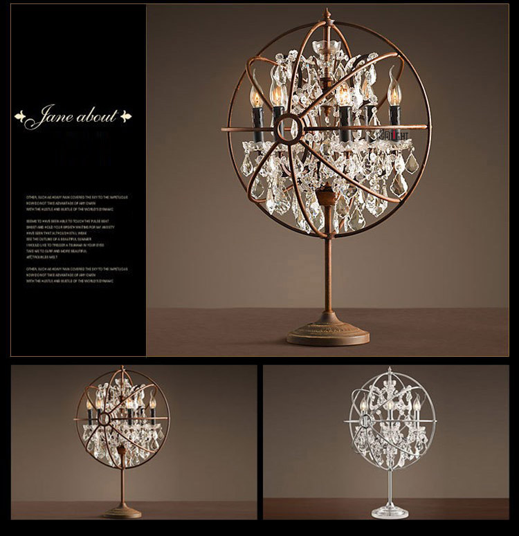 Elegant Retro rust iron table lamp and crystal table lamp for coffee shop restaurant clothing shop