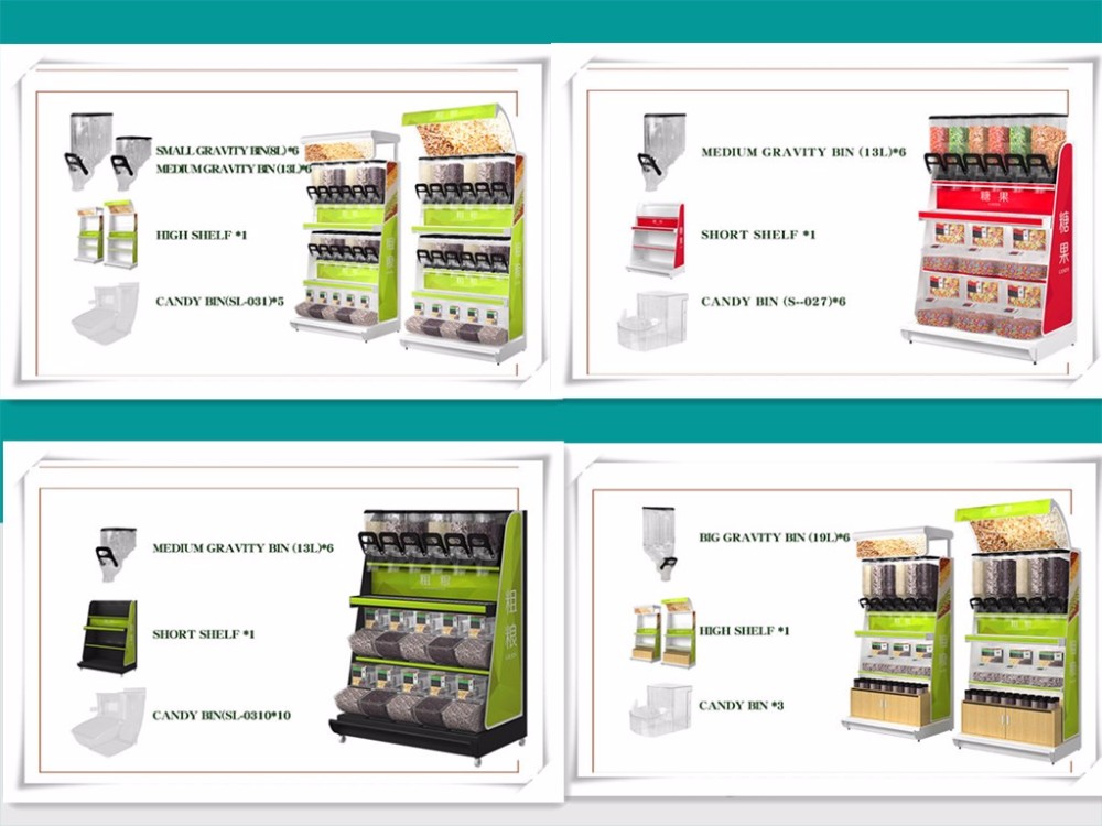 supermarket high quality wall mounted bulk dry food candy display storage racks with dispenser and bins