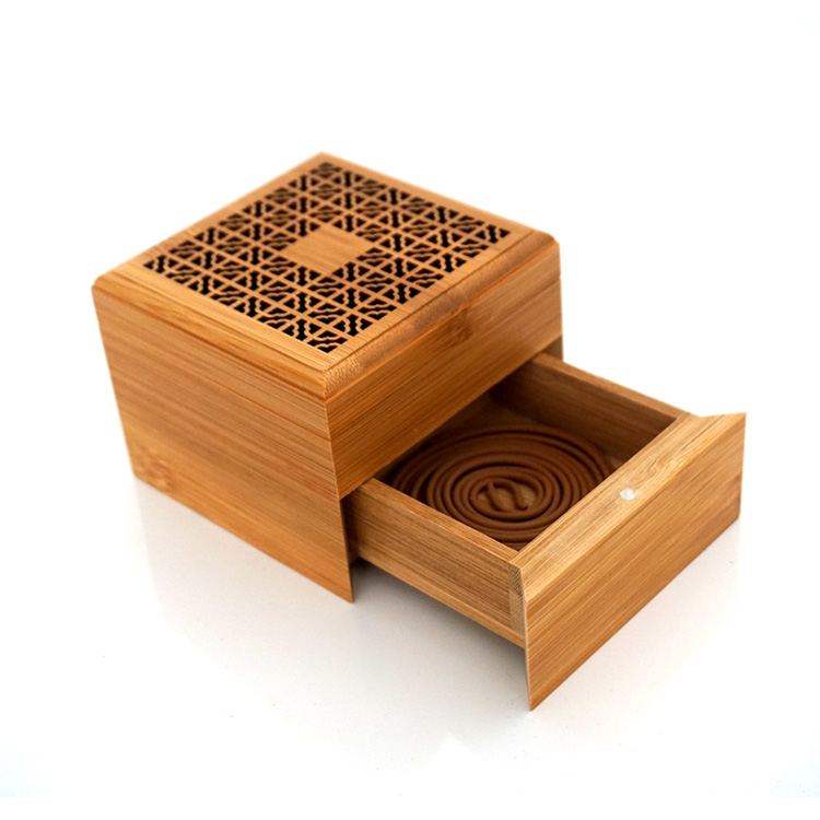 Bamboo wood Incense Burner incense box with Coil Incense Storage Drawer