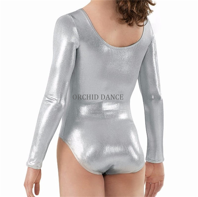 Wholesale Cheap Silver Shiny Spandex Long Sleeve Kids Metallic Gymnastics  Leotards Girls