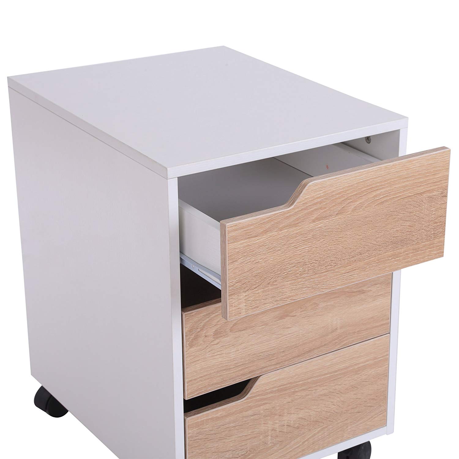 MDF Mobile File Cabinet Pedestal with 3 Drawers Lockable Casters Oak and White